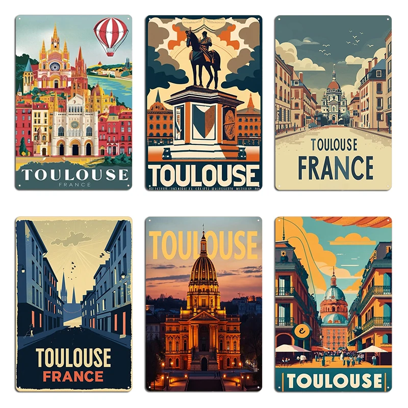 Home Cinema France - โปสเตอร์ท่องเที่ยวทูลูส ฝรั่งเศส ผลงานศิลปะโดยคาร์ราน ป้ายโลหะตกแต่งบ้าน โรงรถ ป้ายเหล็กตกแต่ง