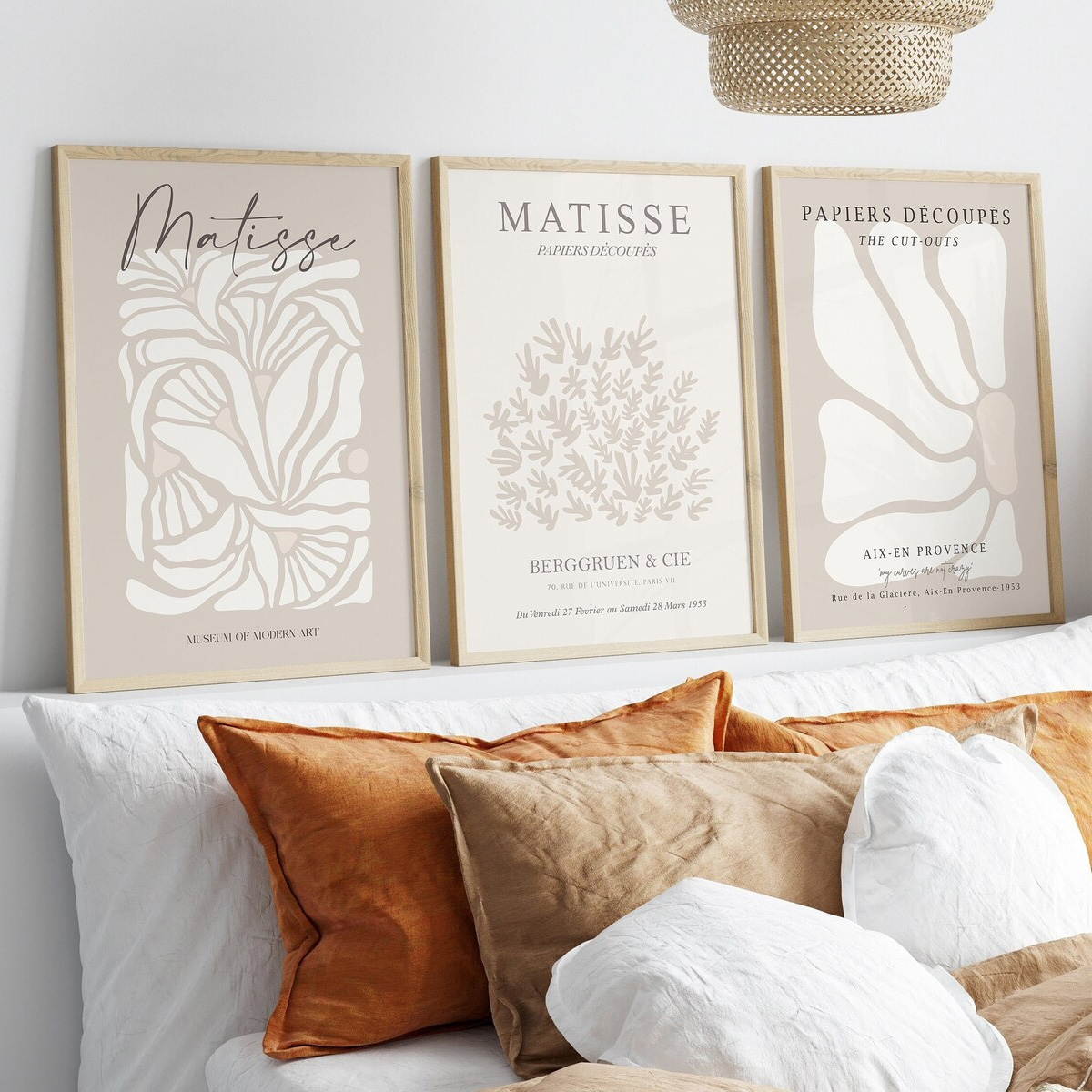 Home Cinema Wall Art - ชุดภาพพิมพ์บนผ้าใบสไตล์โบฮีเมียนสีเบจธรรมชาติ 3 ชิ้น, ภาพพิมพ์สีเทาเบจเซจสไตล์มาติส, โปสเตอร์มินิมอลสไตล์มาติส, ลายดอกไม้