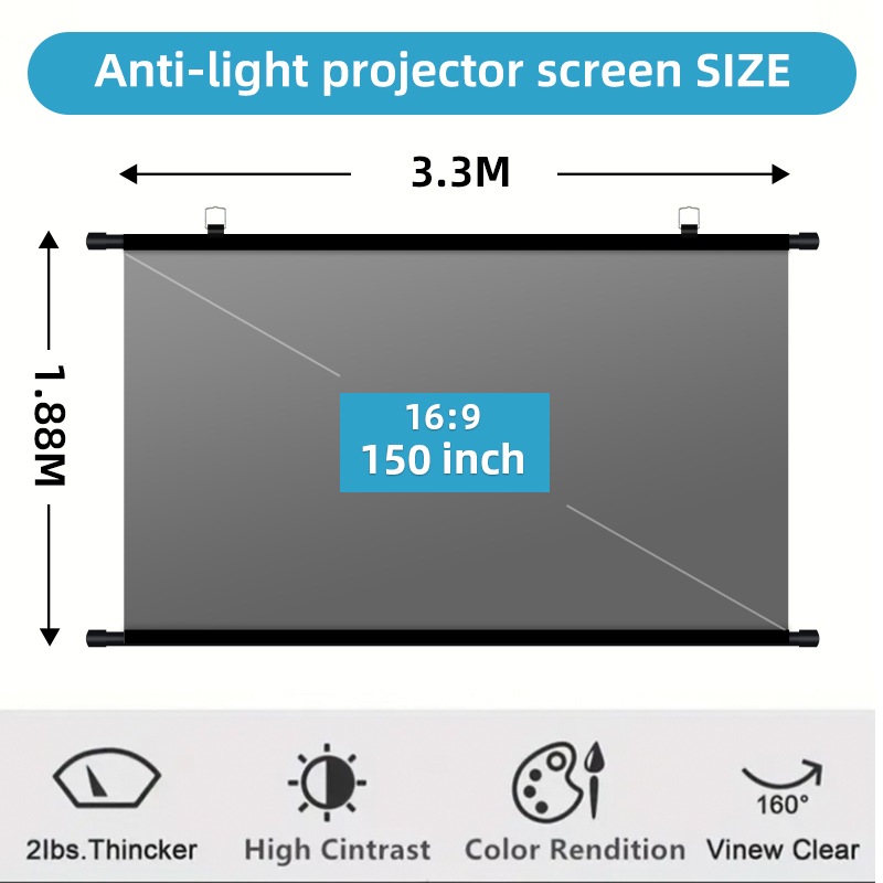 Home Cinema Rack - หน้าจอโปรเจคเตอร์ขนาด 150 นิ้ว 16:9 ป้องกันแสงสะท้อน ติดผนังแบบไม่ต้องเจาะ