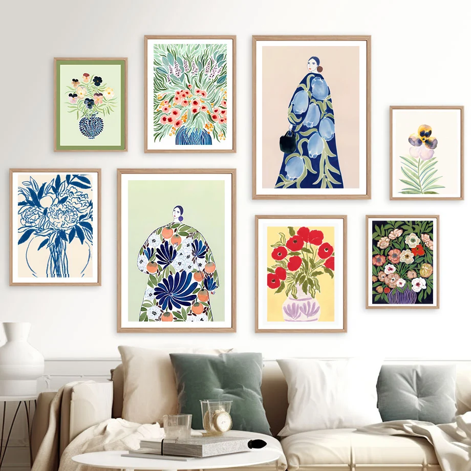 Home Cinema Wall Art - ภาพพิมพ์ศิลปะบนผืนผ้าใบลายดอกไม้และหญิงสาวนามธรรม ภาพวาดตกแต่งผนังสไตล์โมเดิร์น ภาพโปสเตอร์โบโฮสำหรับตกแต่งห้องนั่งเล่น